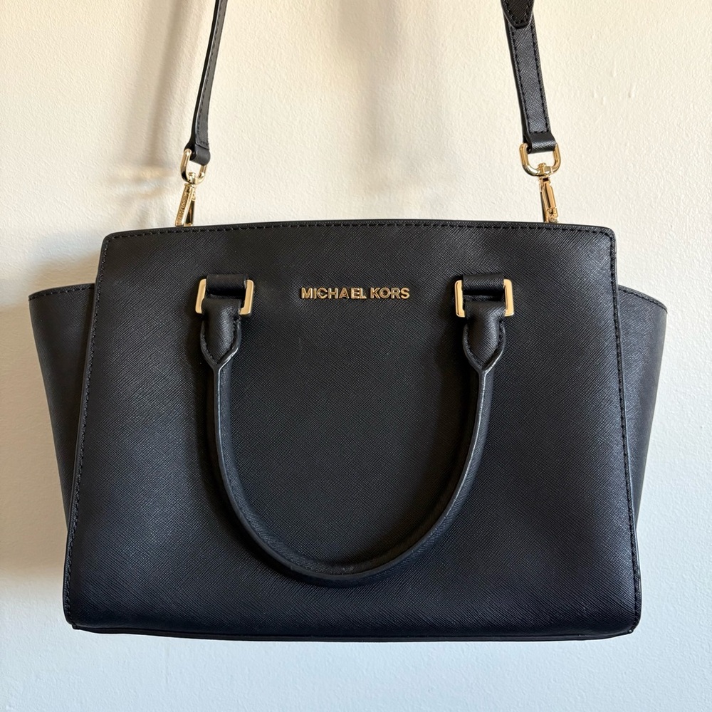 Michael Kors Selma Large Black Leather Tote with Gold Hardware